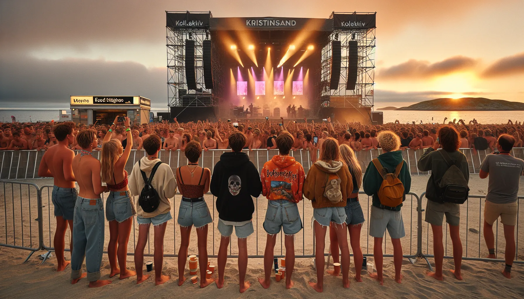 Crowd cheering at a norwegian beach music festival stage at summer dusk.