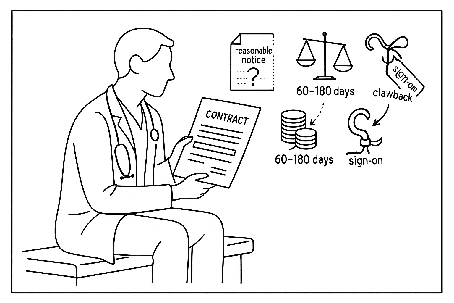 Physician assistant reviewing a contract with icons for notice-period traps.