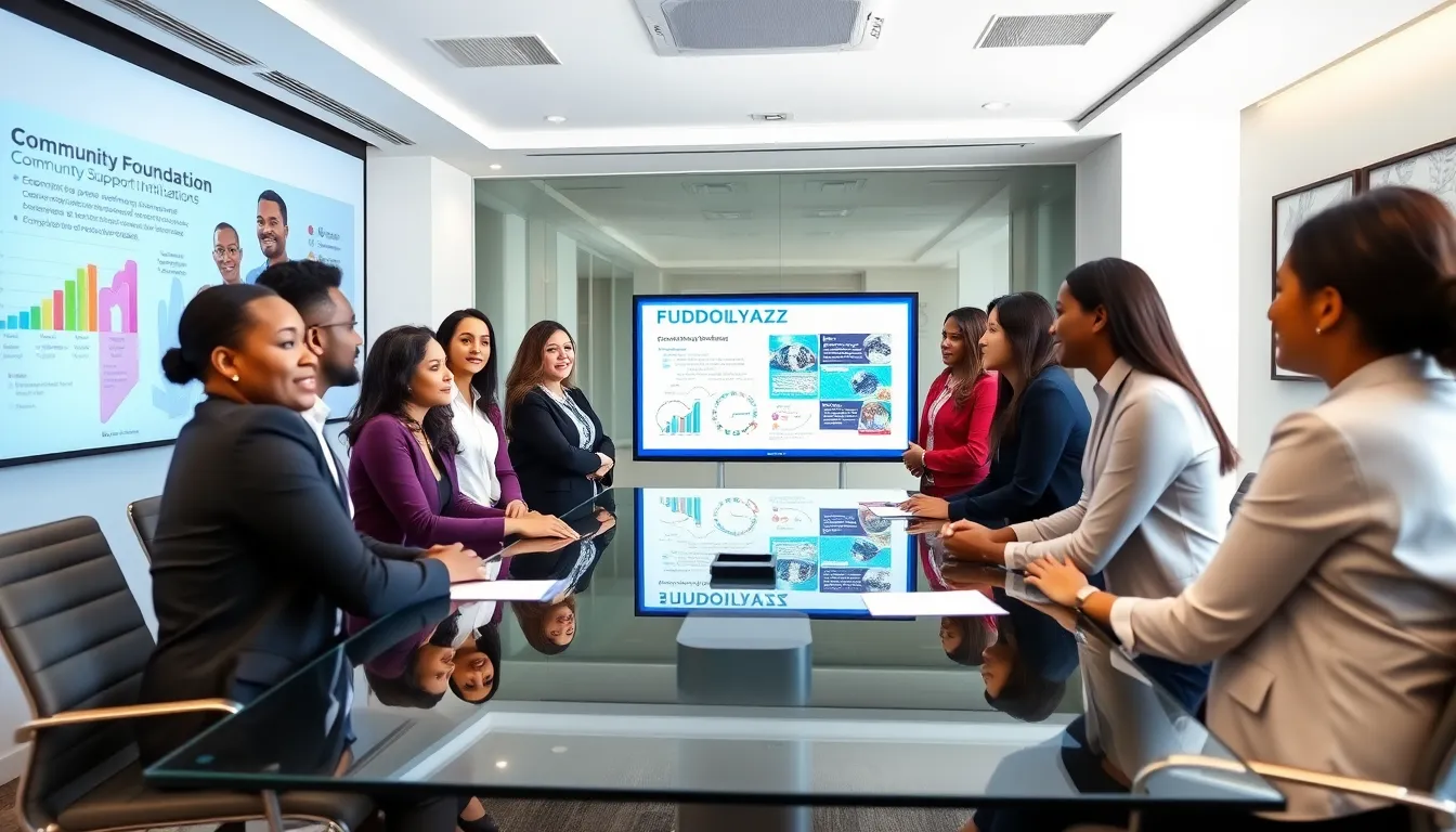 diverse team discussing community support in a modern office.