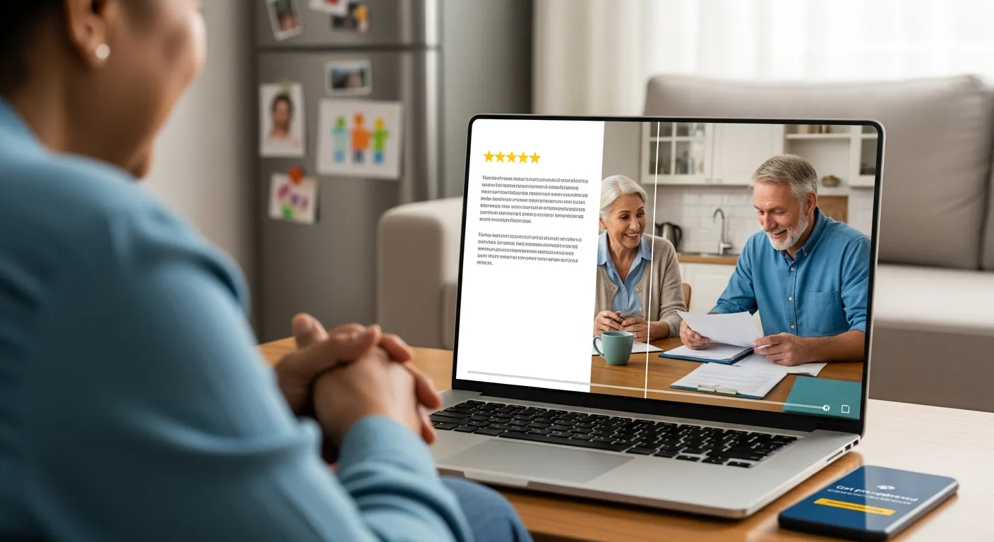 Older person watches emotional retirement video testimonial beside a plain text review.