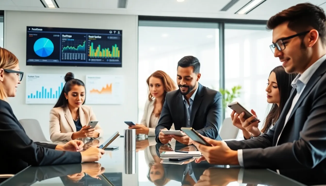 diverse team collaborating on enterprise mobile apps in a modern office.