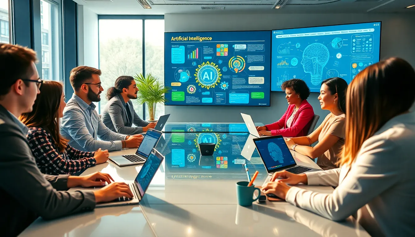 diverse team collaborating on artificial intelligence concepts in a modern office.