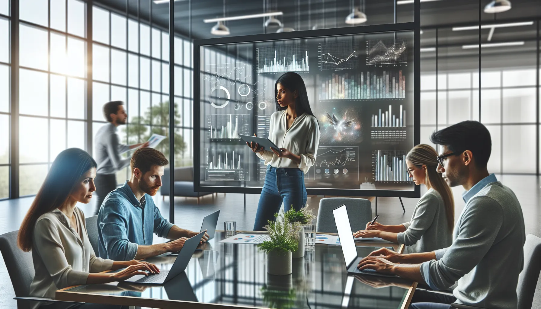 professionals analyzing data in a modern office setting.
