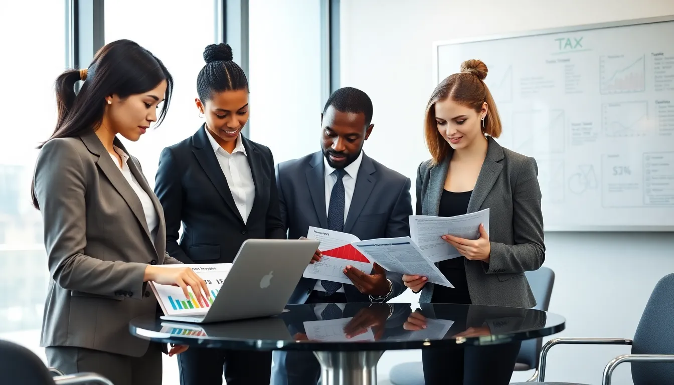 diverse professionals discussing tax strategies in a modern office.