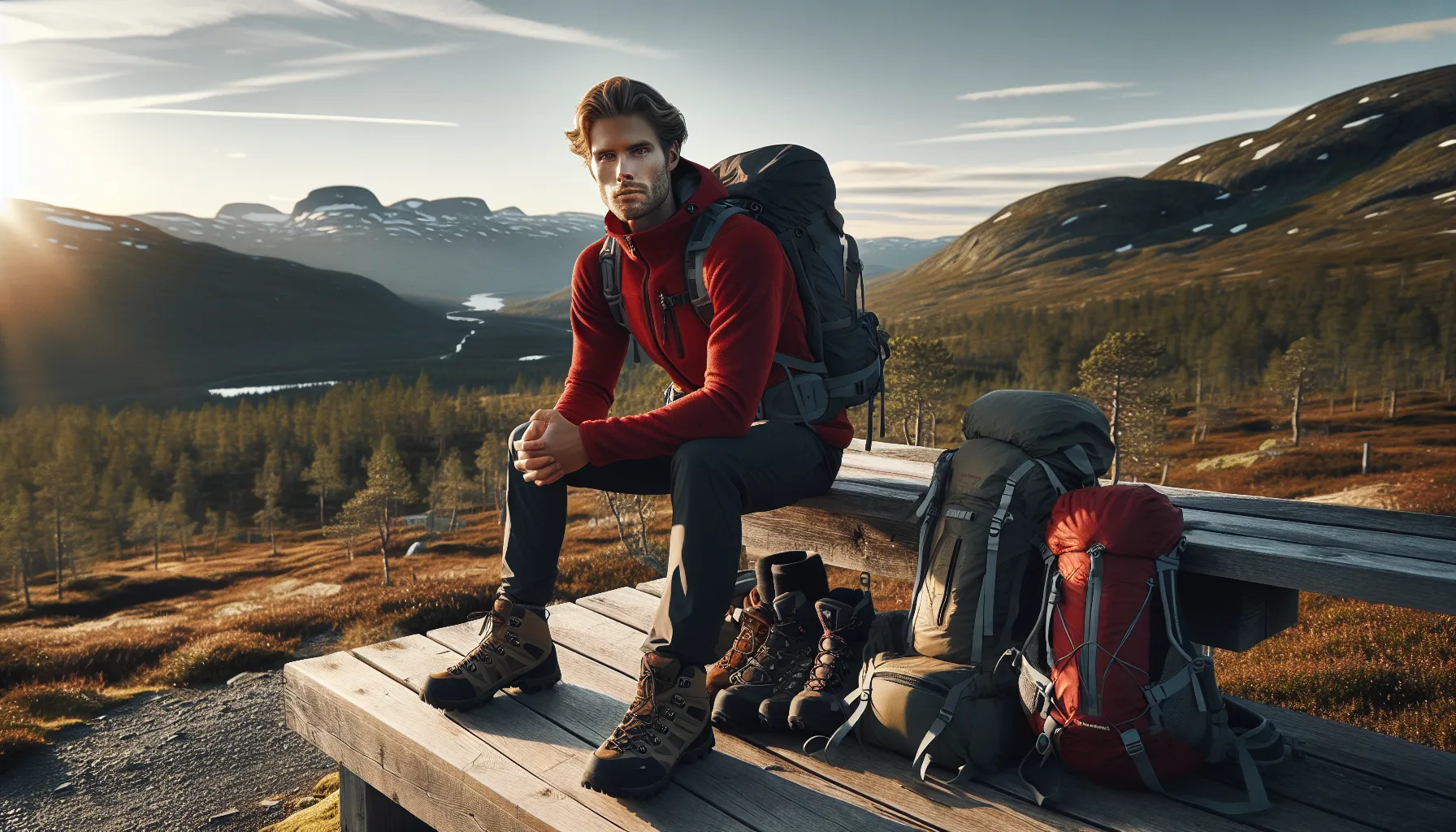 Norwegian hiker comparing several backpack sizes and gear for different day trips.