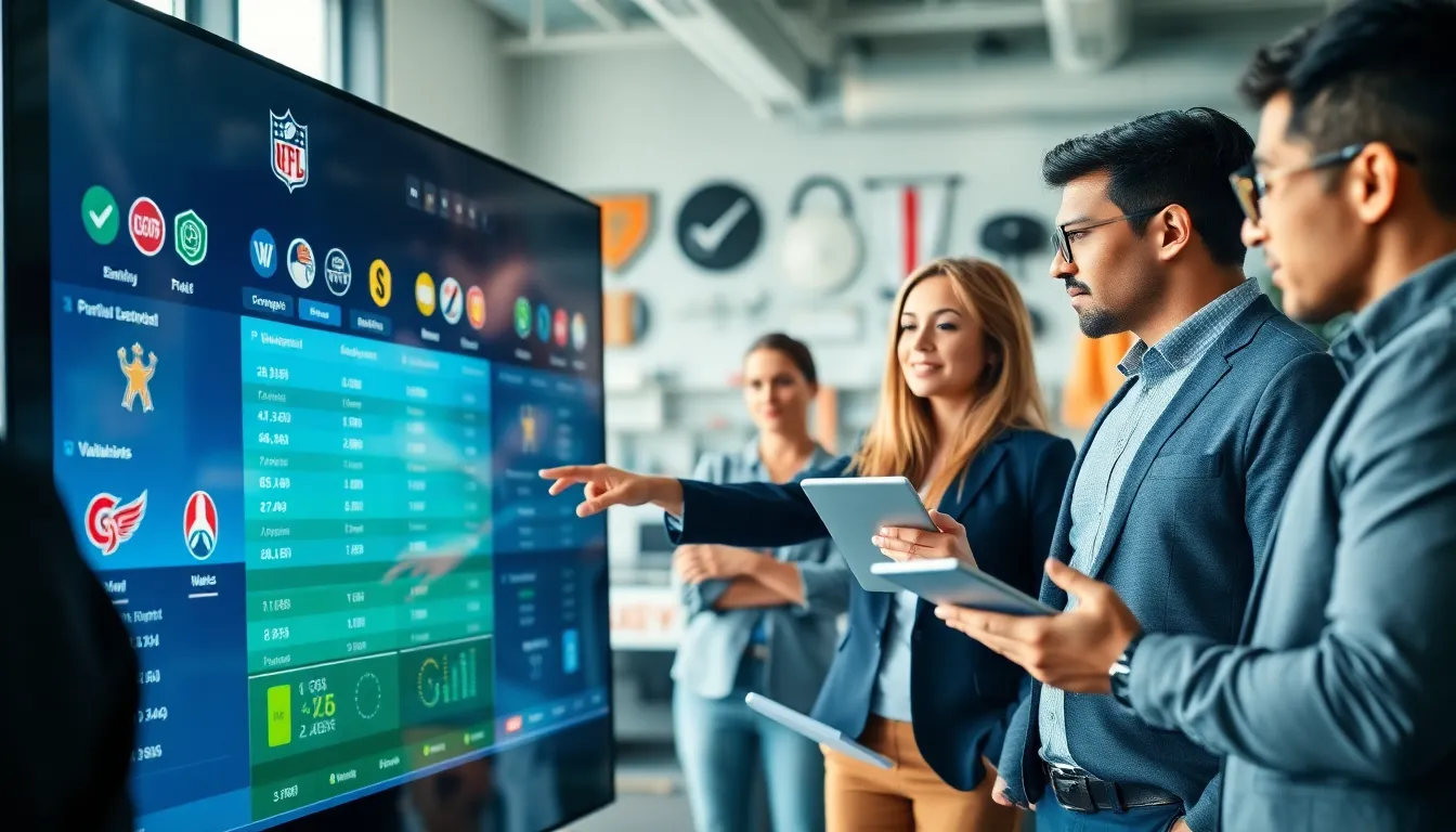 diverse professionals discussing sports updates in a modern office.