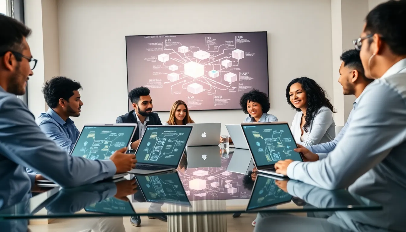 diverse team collaborating on blockchain technology in a modern office.