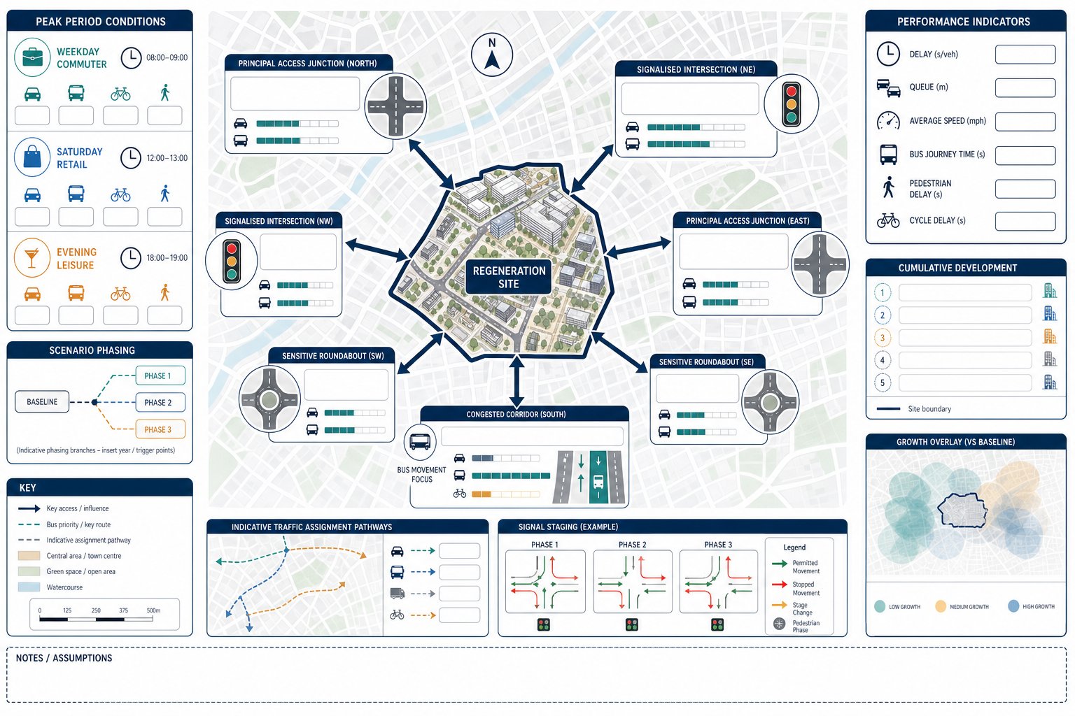 urban transport assessment infographic with junctions, queues, and peak period comparisons