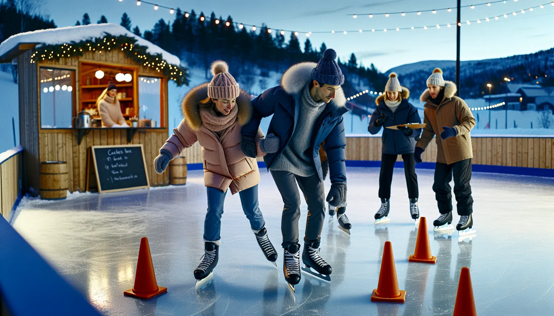 De beste aktivitetene for teambuilding i vinter: fra skøyter til snøskulpturer 3 Coworkers skate a paired slalom on a norwegian ice rink at dusk.