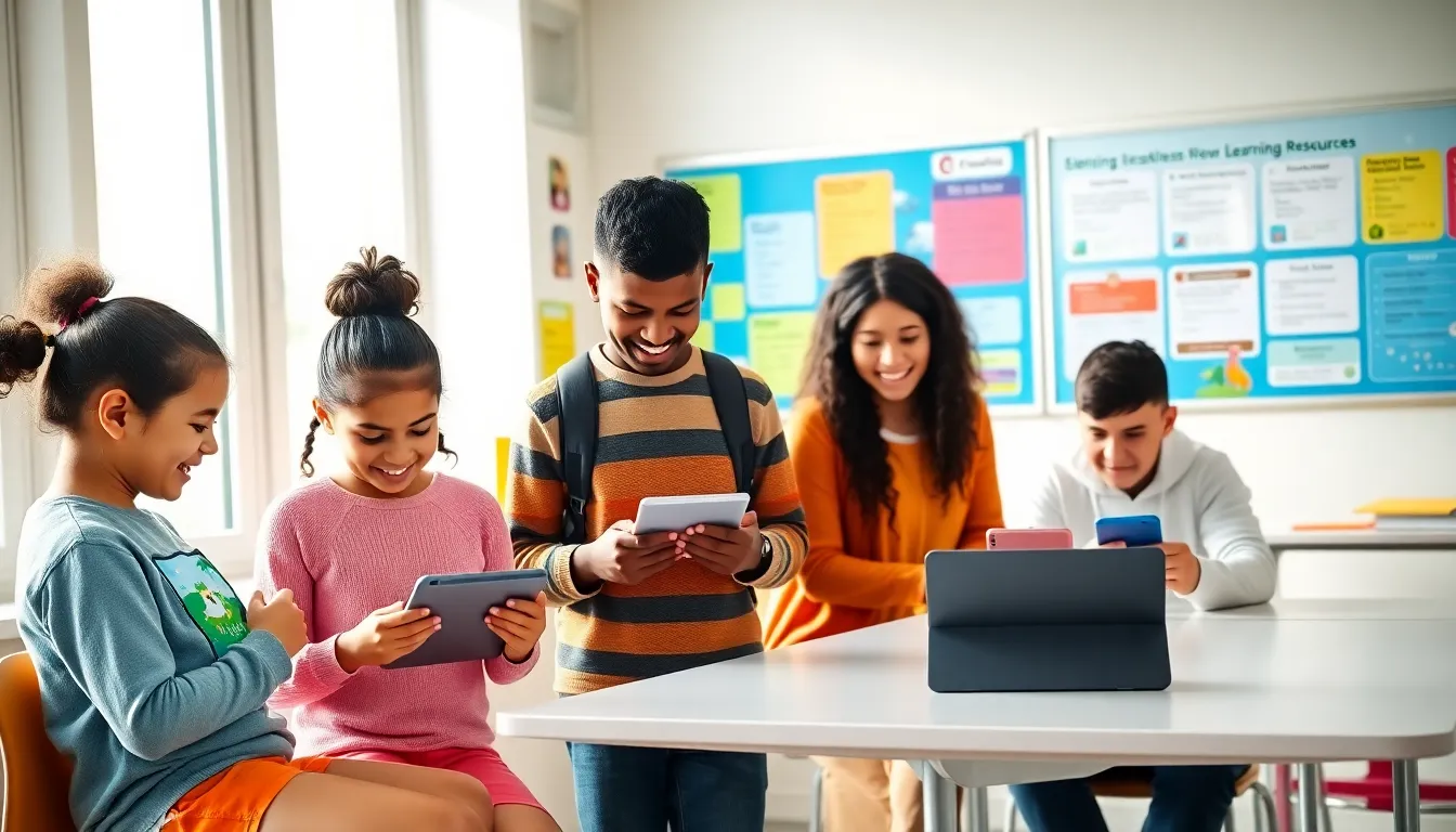 students using educational apps in a bright classroom.