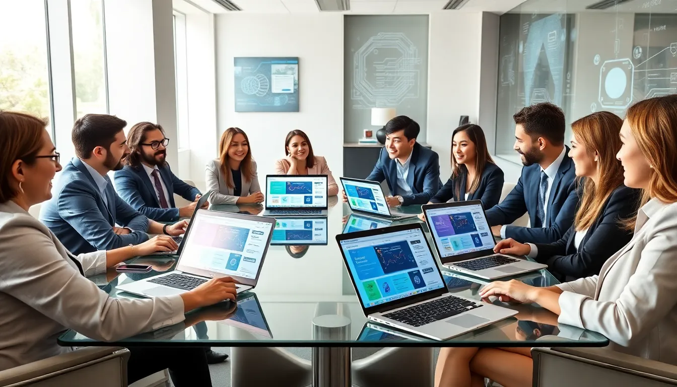 diverse professionals collaborating in a modern tech workspace.