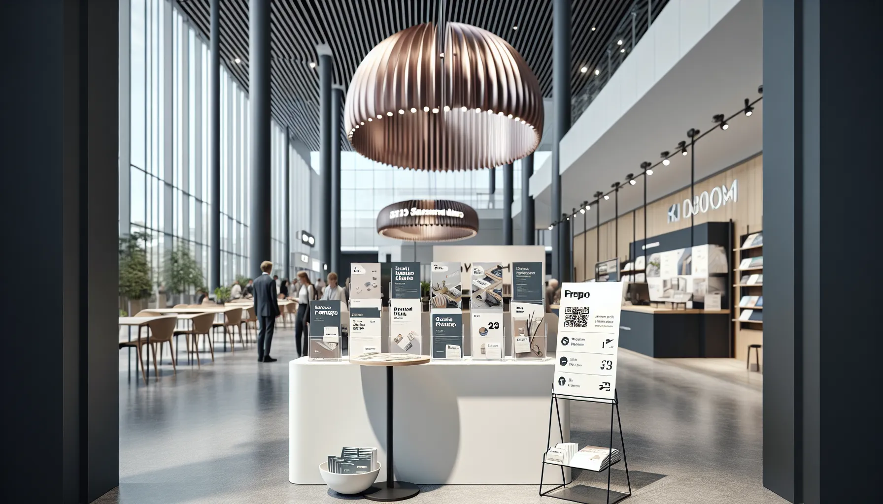 Trykksaker for messer og events – hva fungerer best? 3 Norwegian trade fair booth with roll-up banner, brochures, business cards, and qr cards.