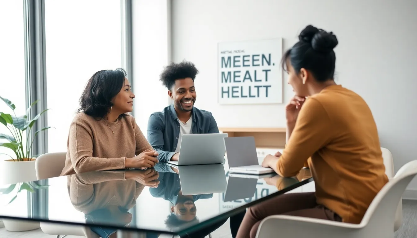 diverse team discussing mental health in a modern office.