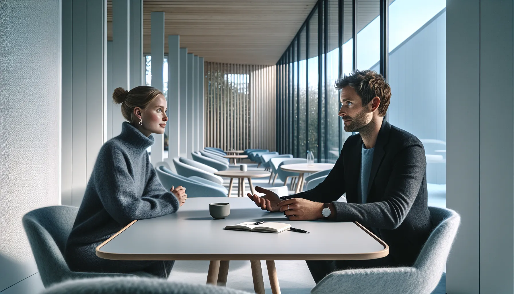 Two norwegian colleagues calmly discuss issues early in a bright, modern office.