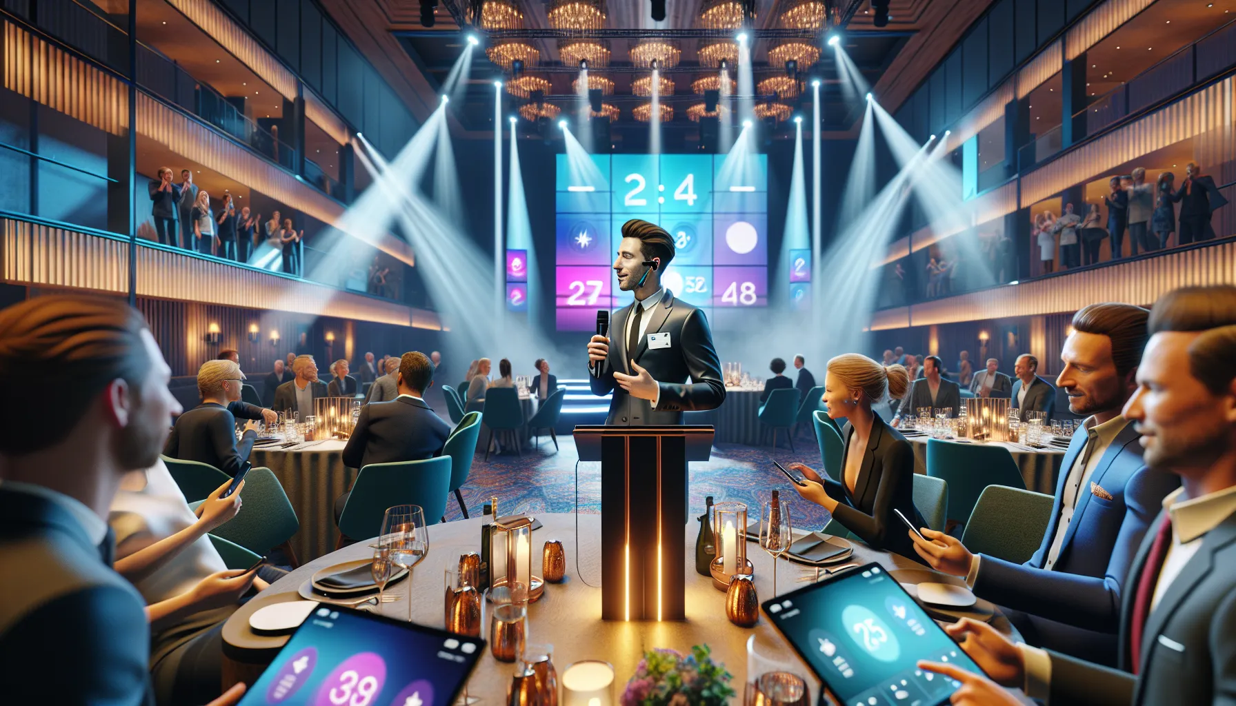 Host leads interactive quiz with phones and led stage at norwegian company party.