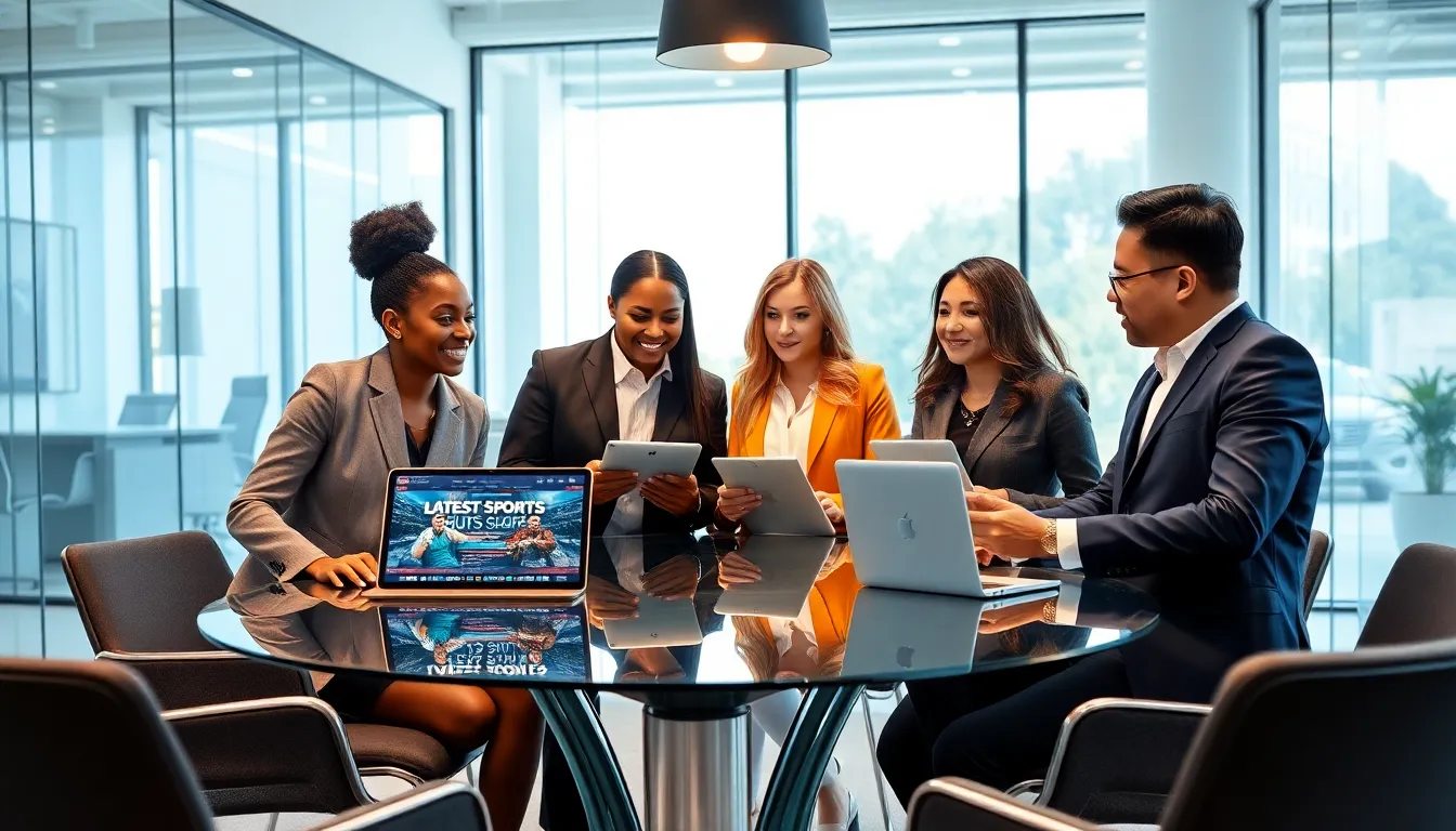 Diverse team discussing sports news in a modern office.