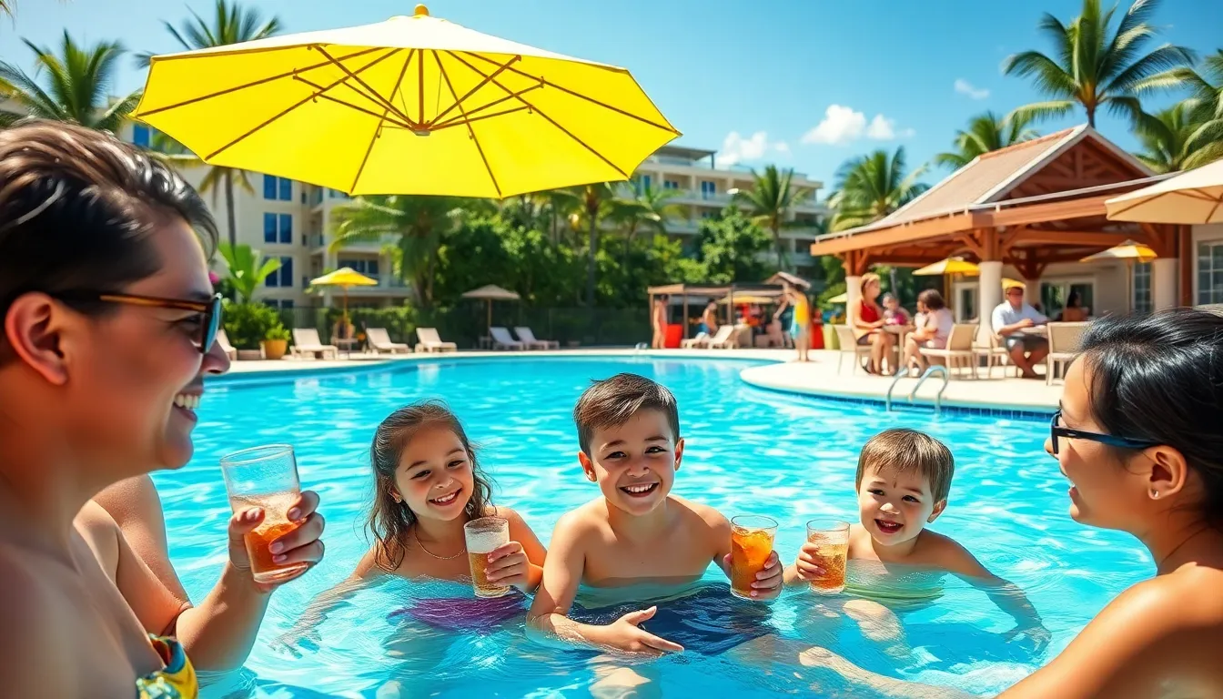 family enjoying leisure time at a resort with kids' activities.