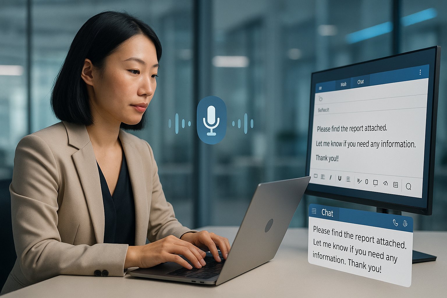 Professional using AI voice dictation on a laptop in a modern office.