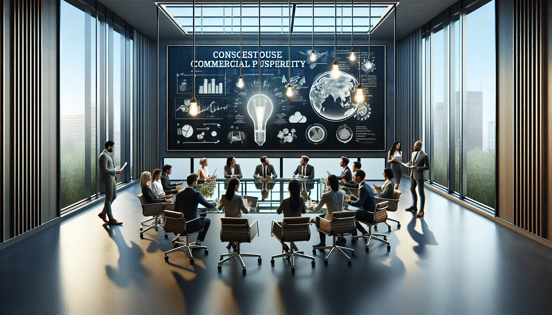 diverse professionals discussing business success stories in a modern conference room.