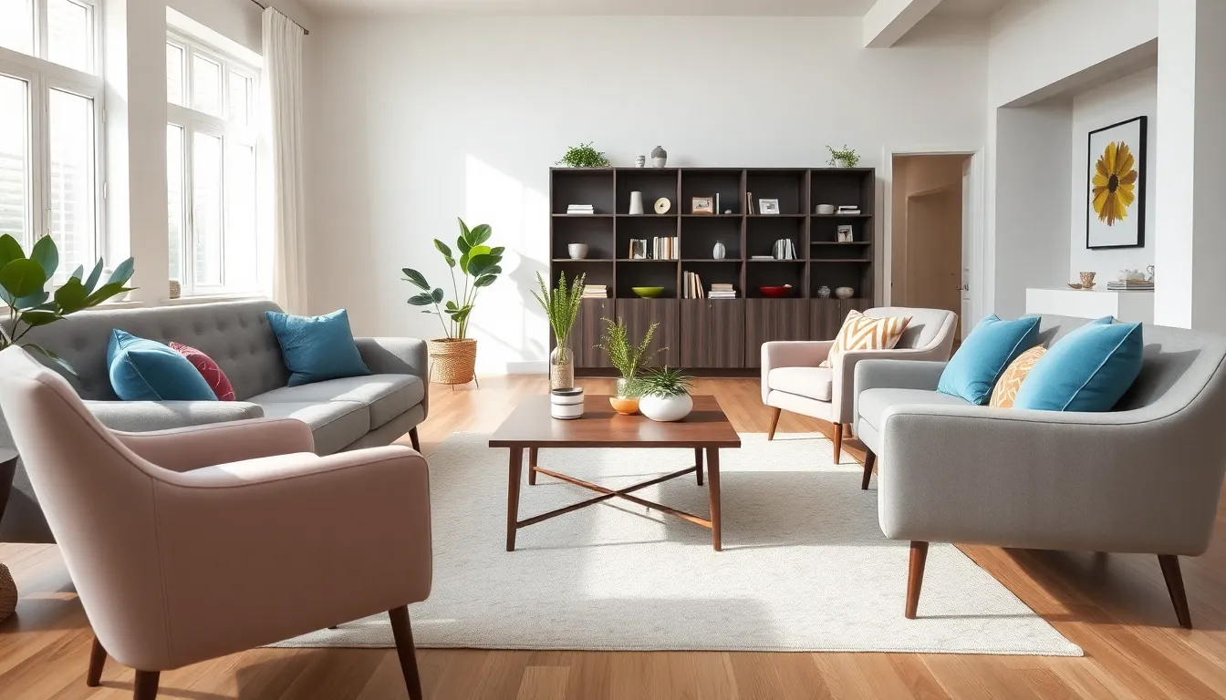 modern living room set in a well-lit open space.