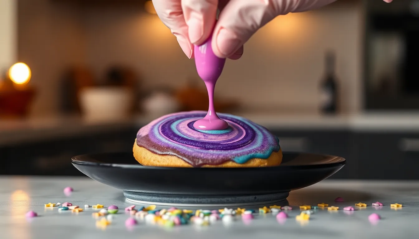 decorated nebula cookies on a plate with baking hands drizzling icing.