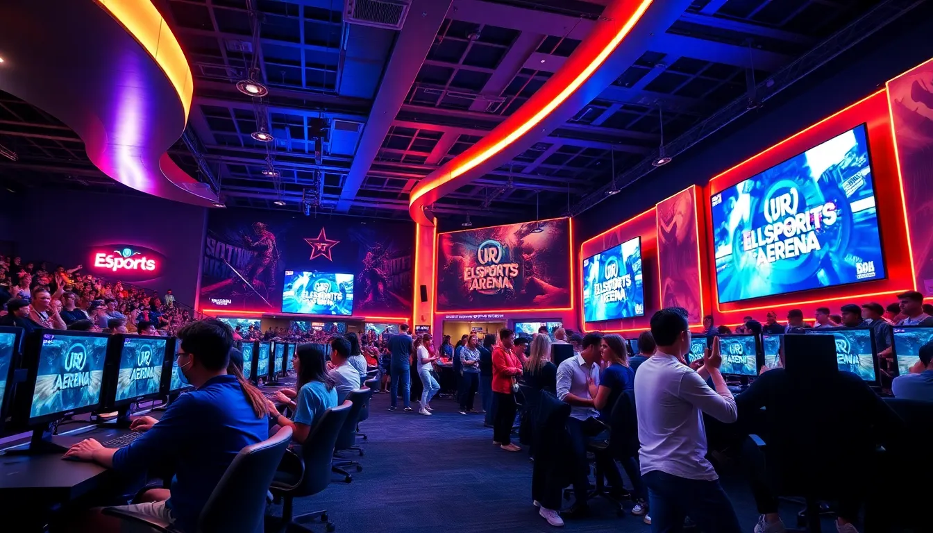 vibrant esports arena filled with gamers and screens showcasing competitions.