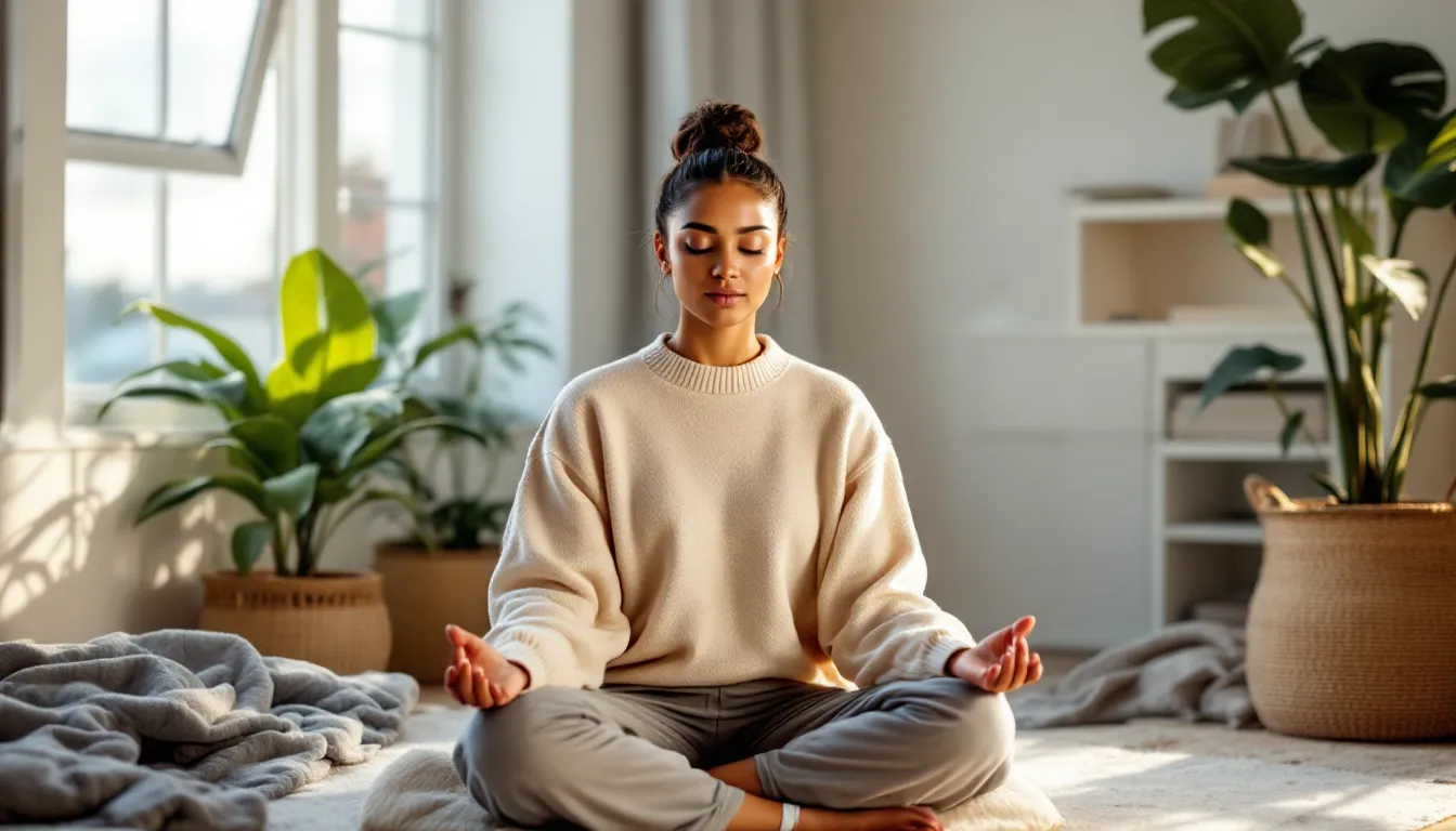 Woman meditating peacefully on a cushion at home before sunrise.
