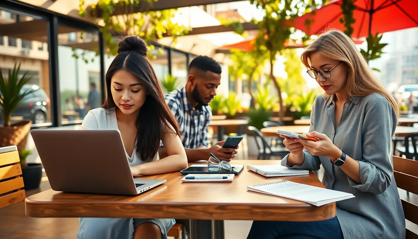 group of diverse professionals working in a sunny café.
