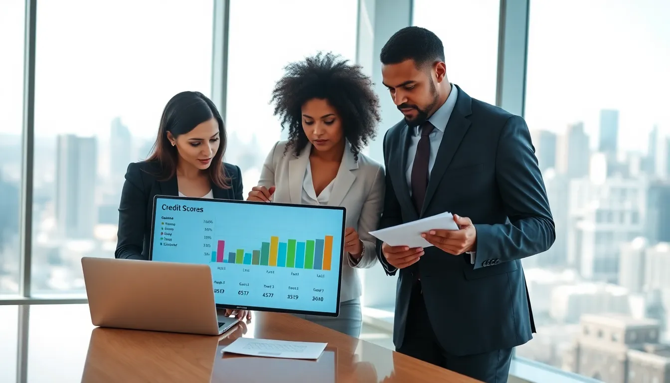 professionals analyzing credit score metrics in a modern office.