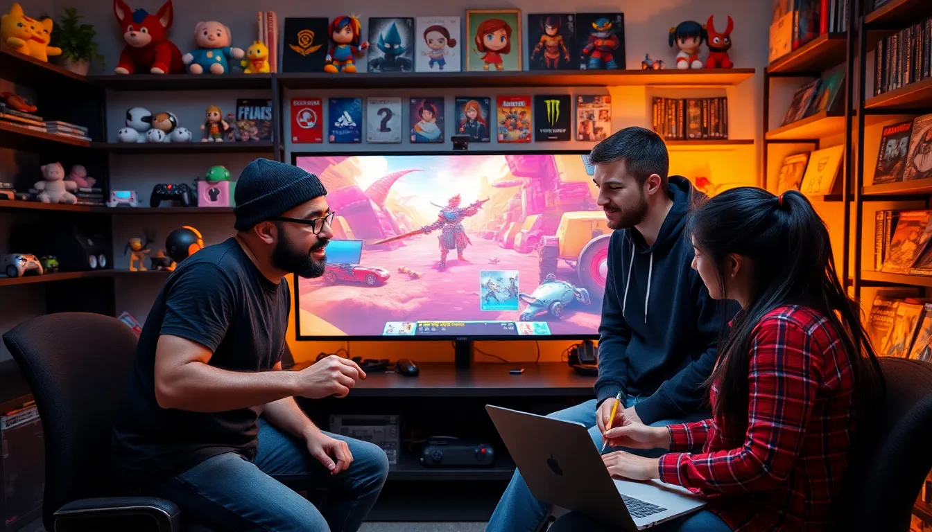 game developers collaborating in a modern gaming studio.