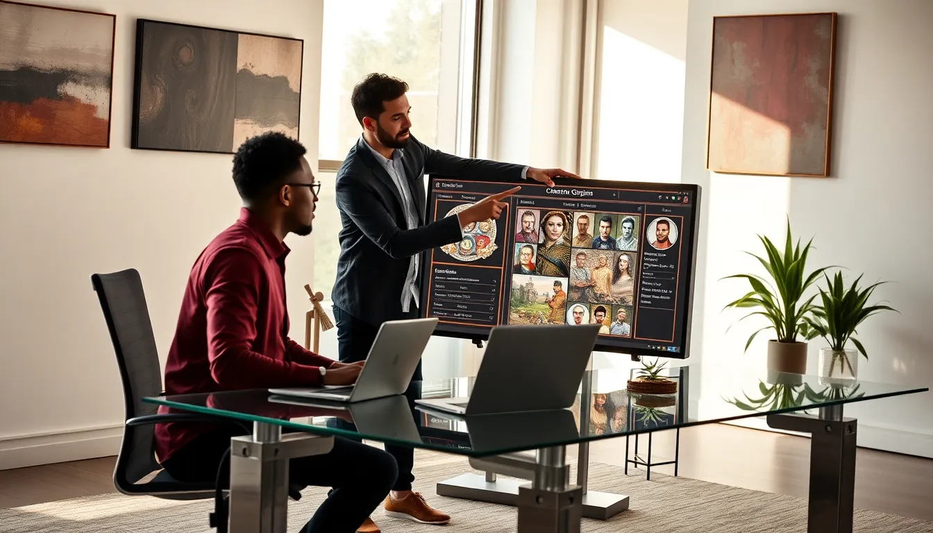 diverse team collaborating on character generation for a game.