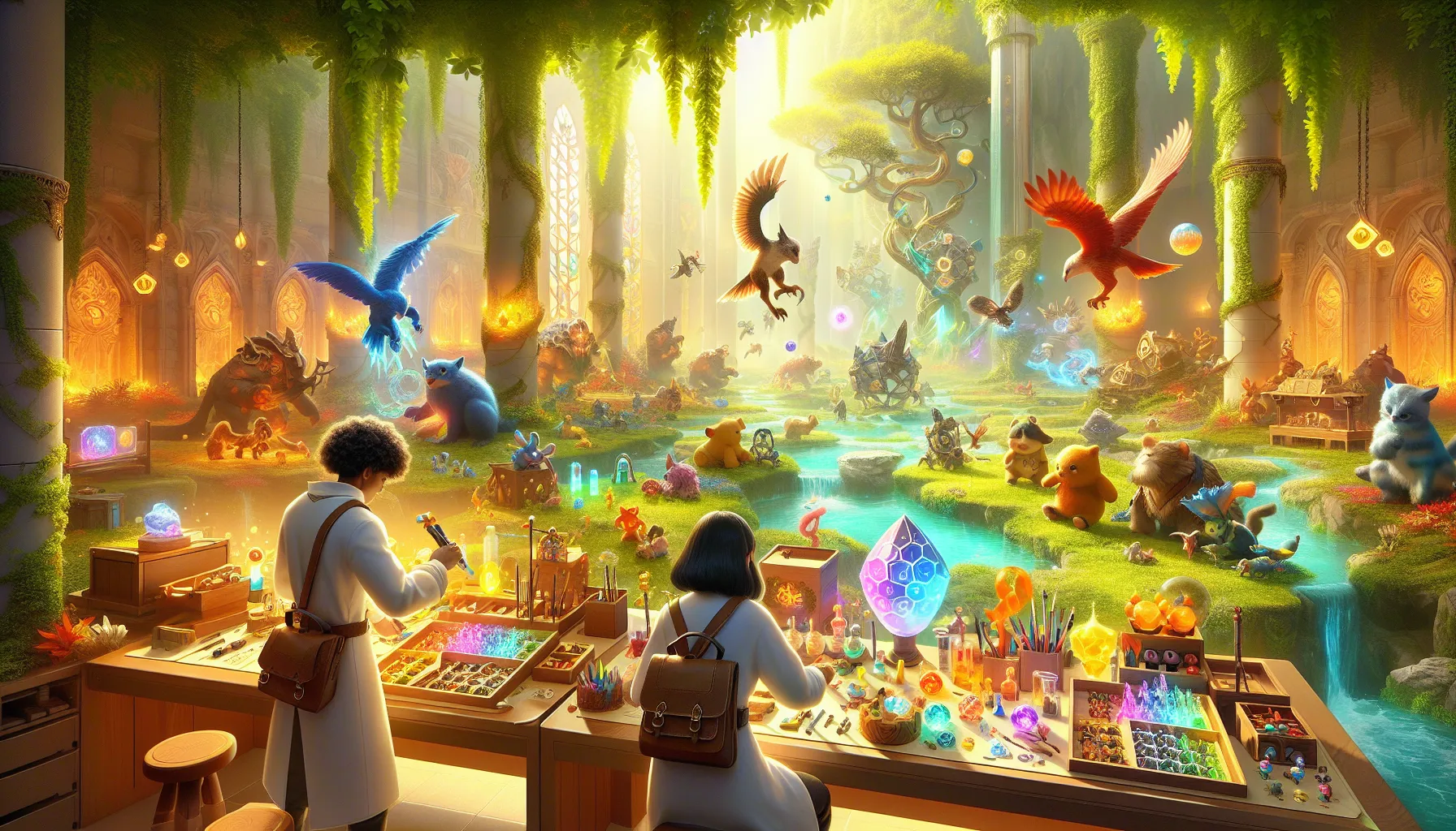 group of trainers crafting items in a colorful Pok&eacute;mon landscape.