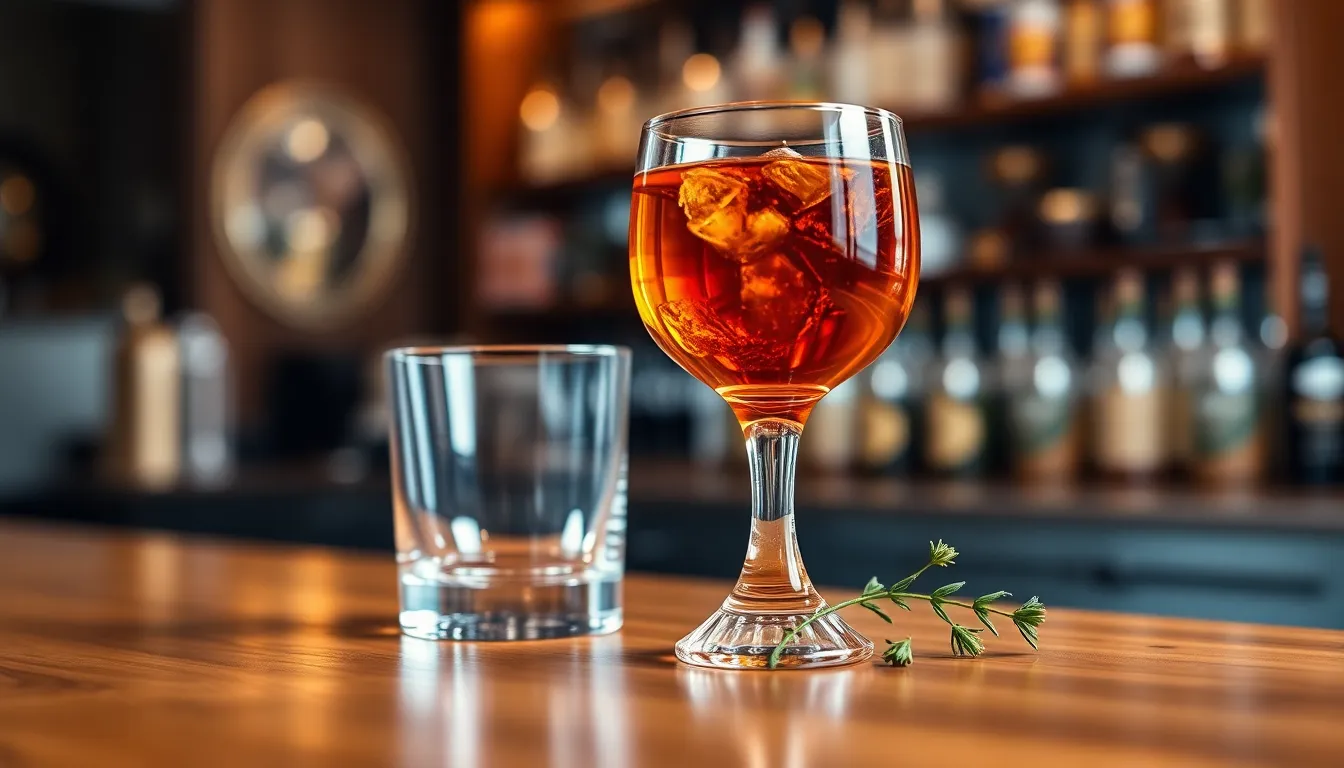 a glass of ammyscotch on a wooden bar top.