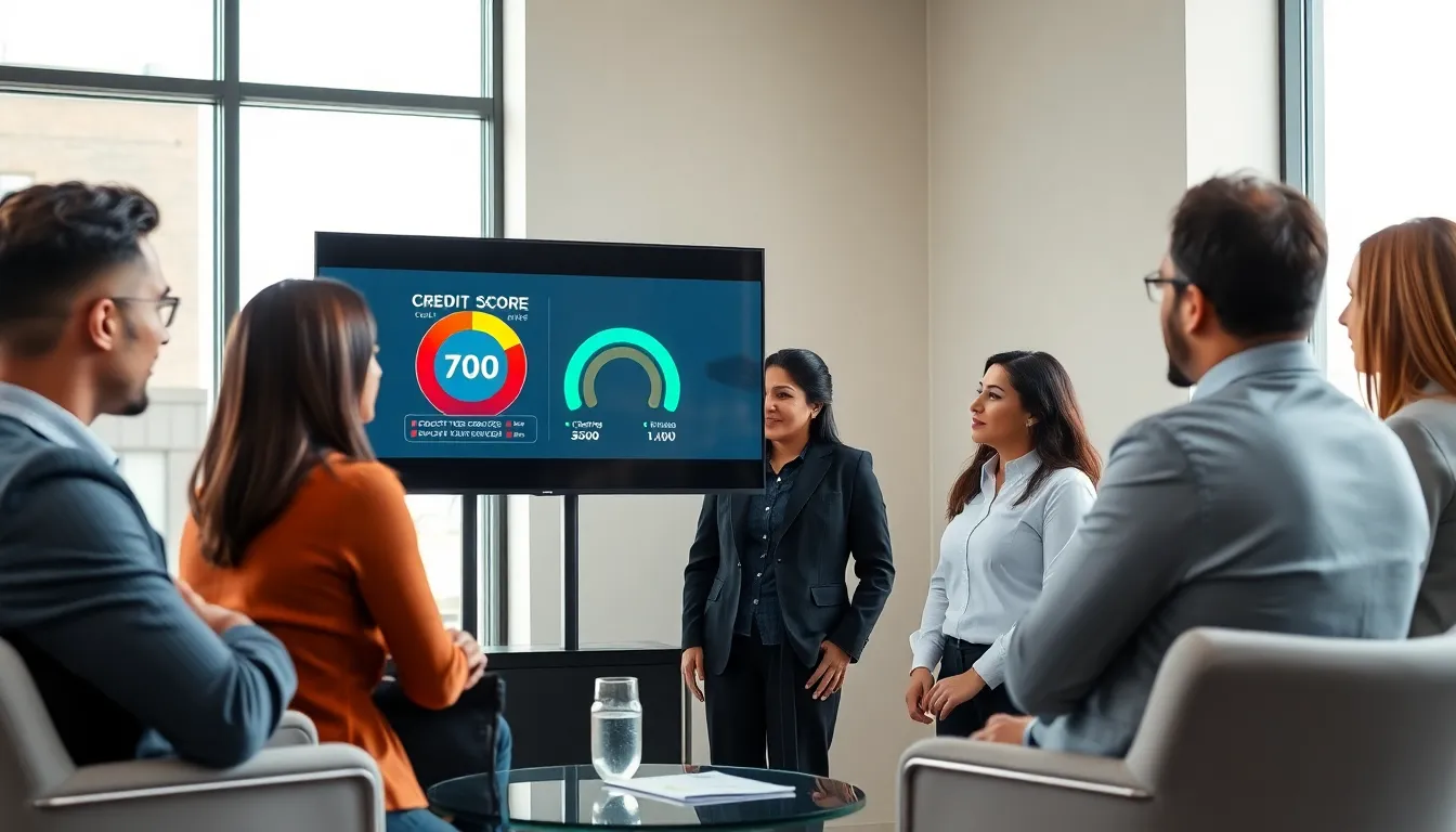 diverse team discussing credit scores in a modern office.