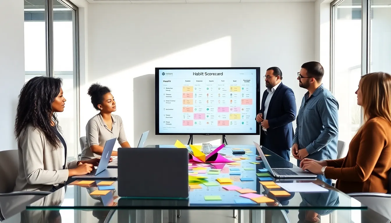 diverse team discussing a habit scorecard in a modern office.