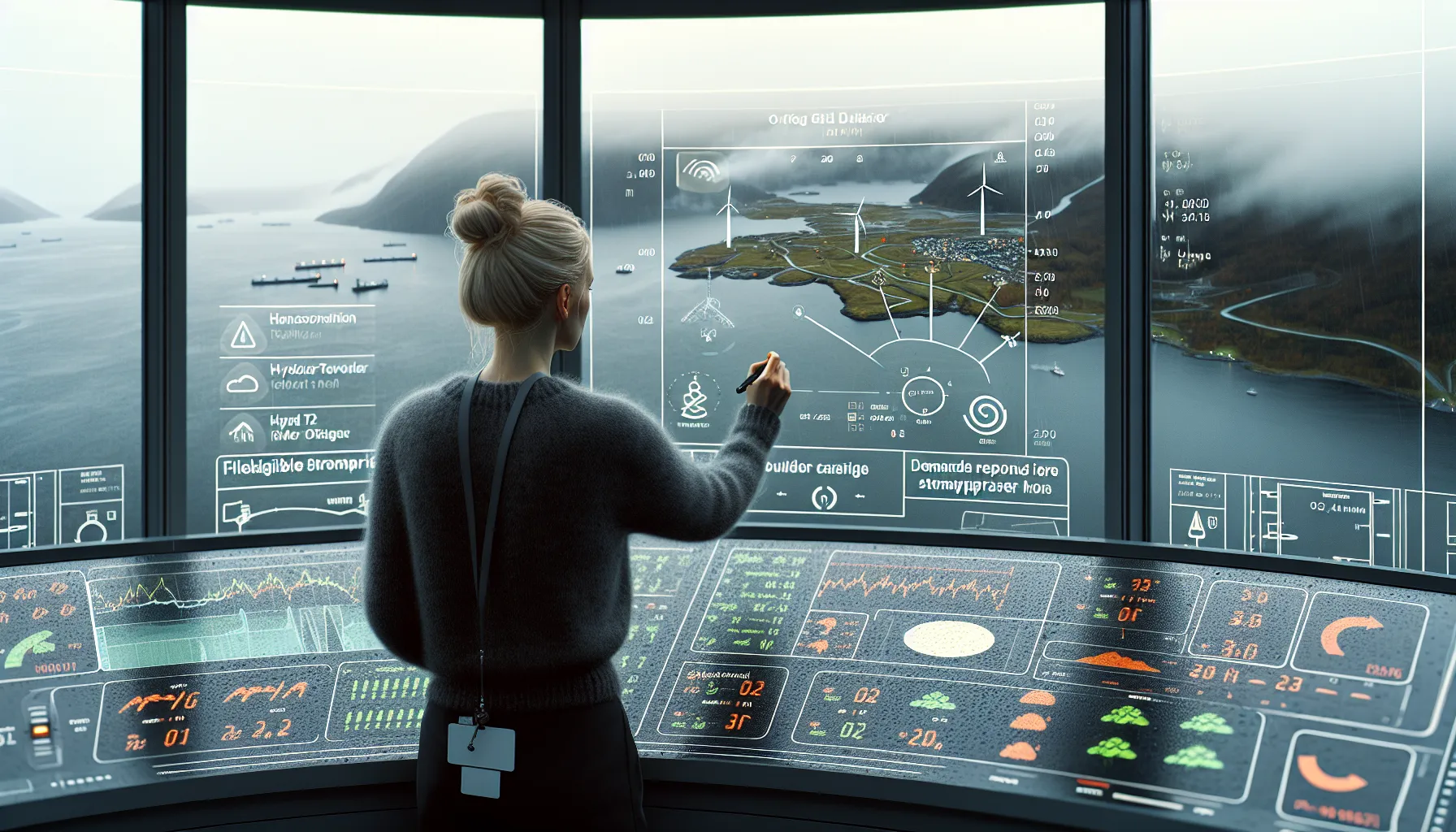 Norwegian grid engineer monitoring renewables and climate data in fjord-side control room.