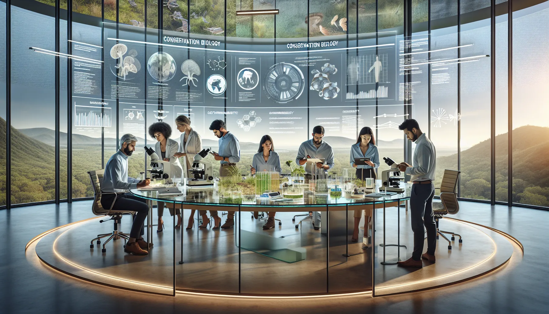 diverse team of biologists discussing conservation principles in a lab.