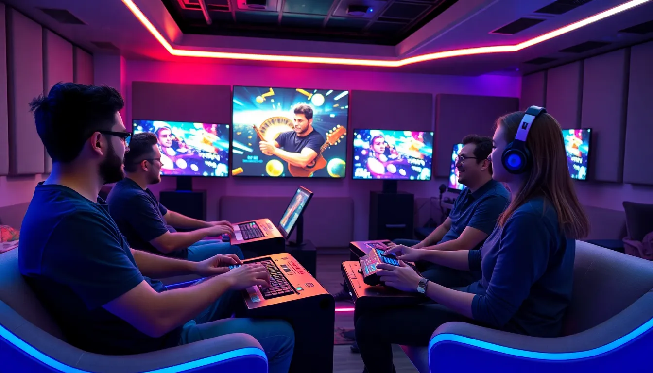 diverse gamers enjoying an interactive music-based video game.