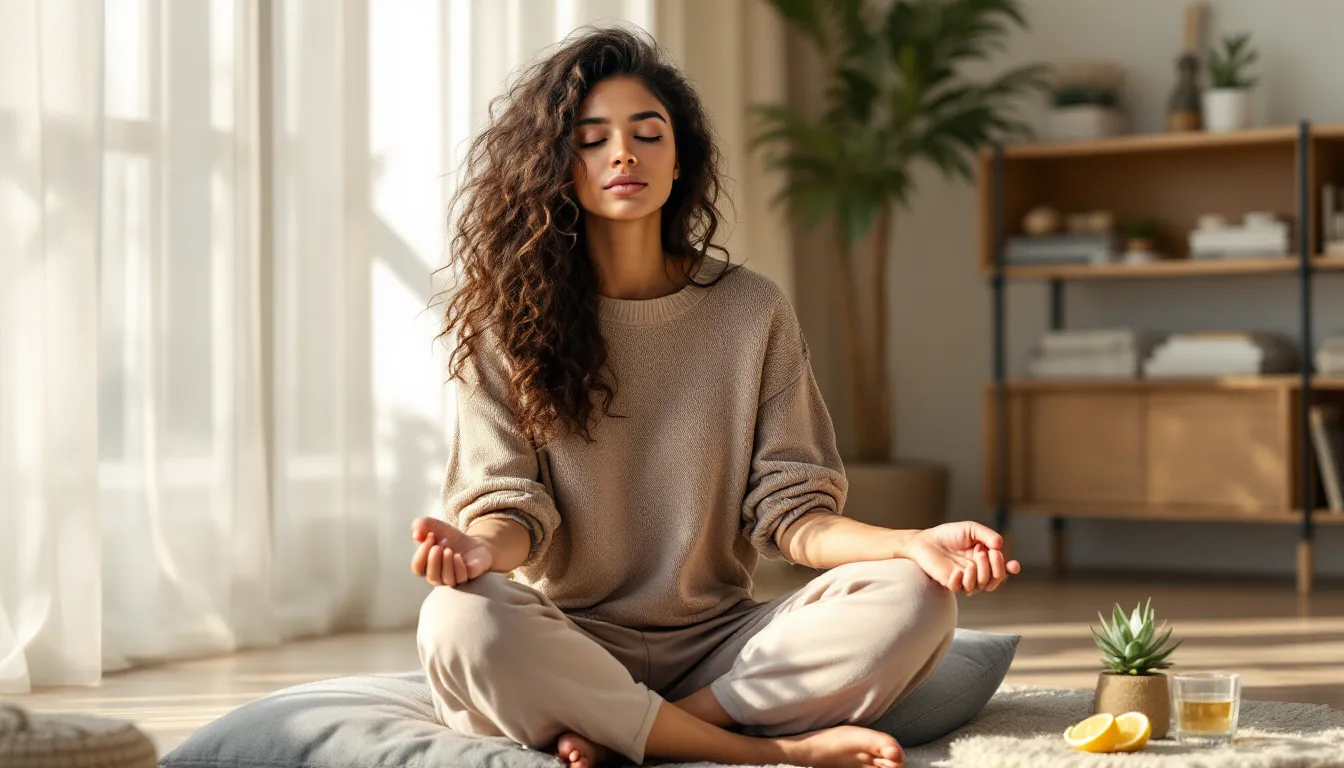 Woman meditating peacefully by a sunlit window during early morning.