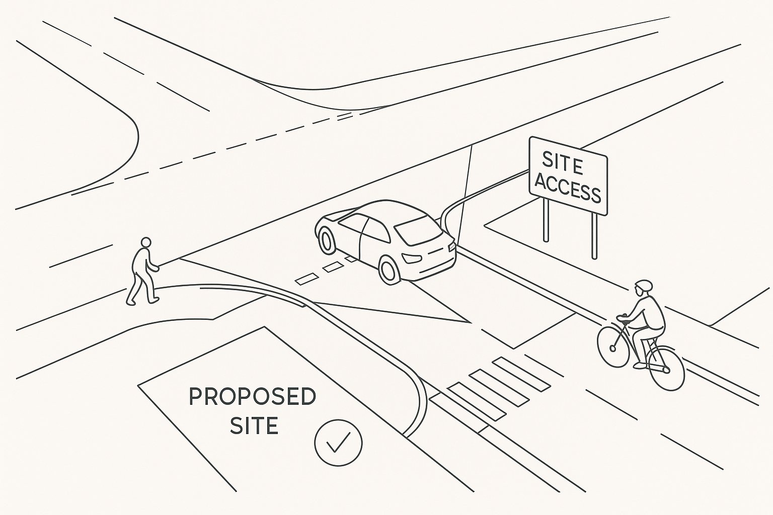 safe site access design with car, cyclist, and pedestrian crossing on UK road