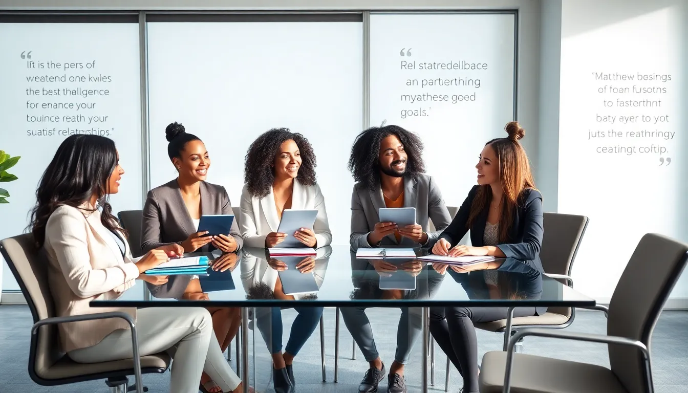 diverse group discussing relationship strategies in a modern office.