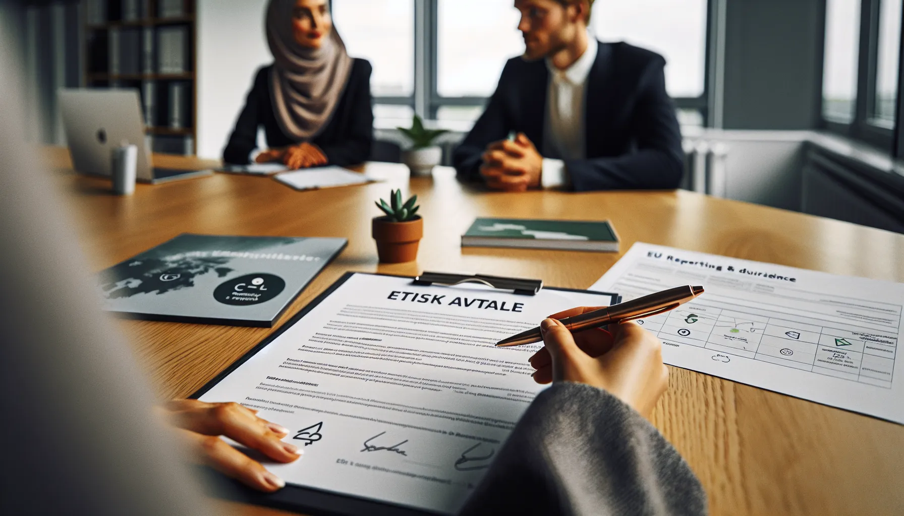 Close-up of esg-focused contract signing in a modern oslo meeting room.