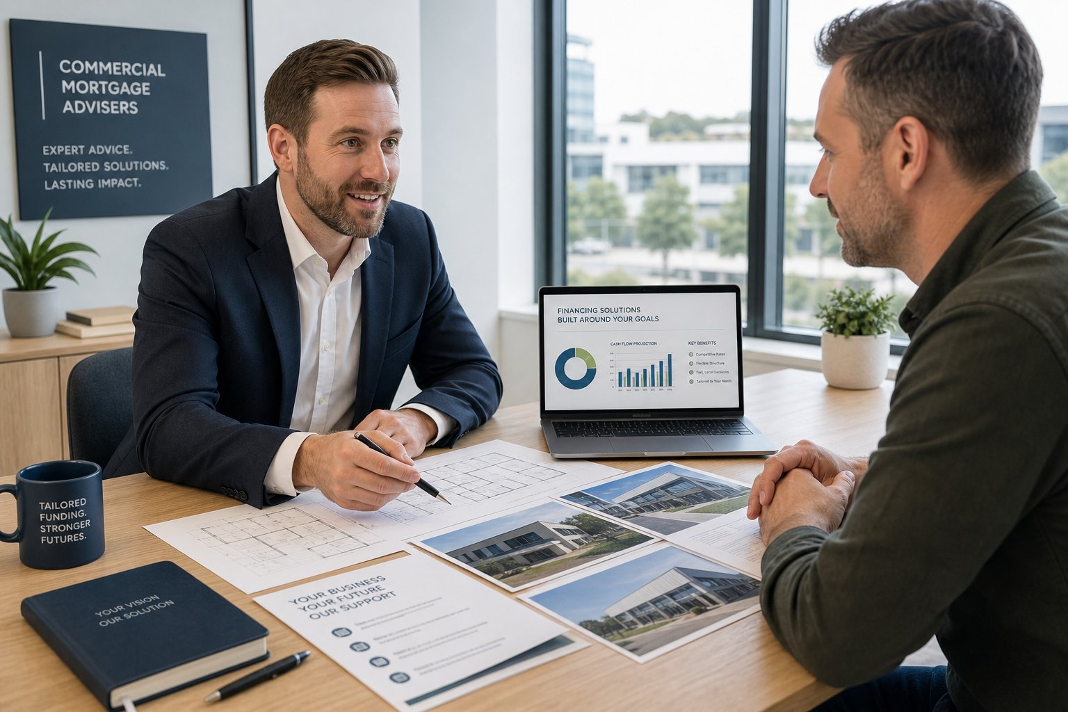 Business owner and adviser reviewing commercial property plans and finances in a modern office.