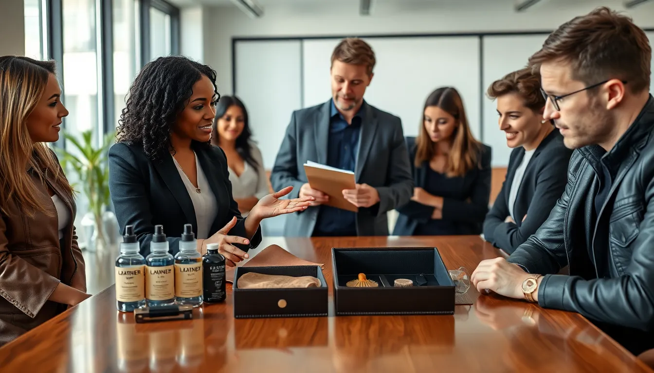 diverse professionals discussing leather types and cleaning methods.