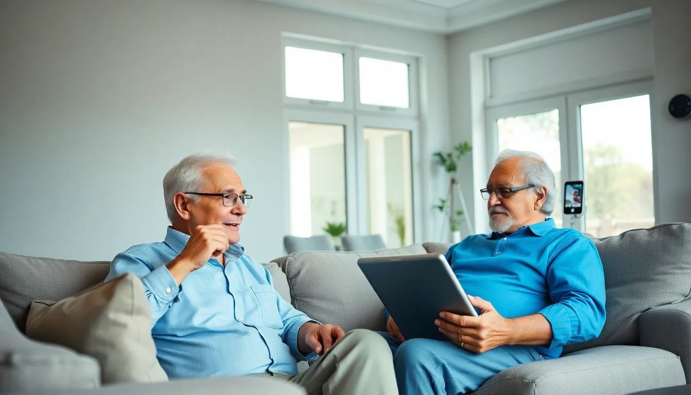 seniors using smart home devices in a modern living room.