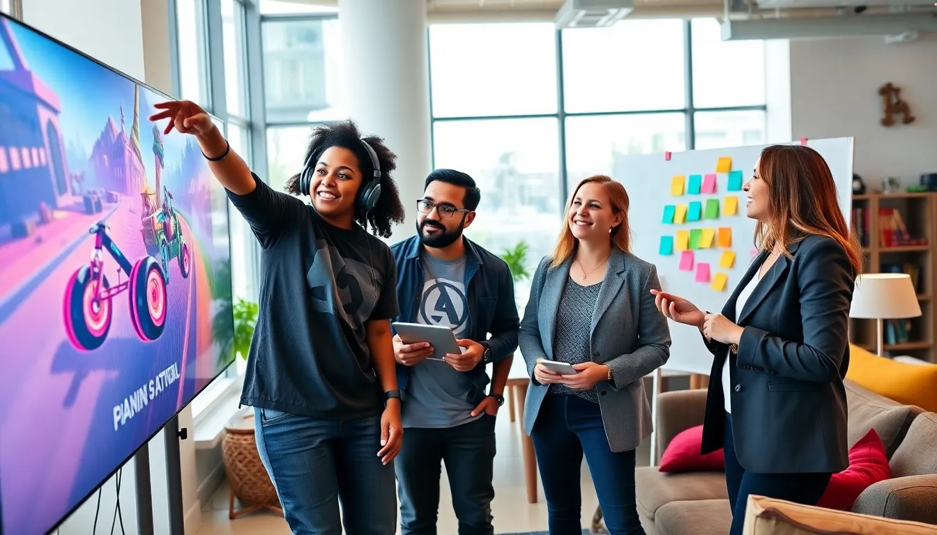 a diverse team collaborating in a modern gaming office.