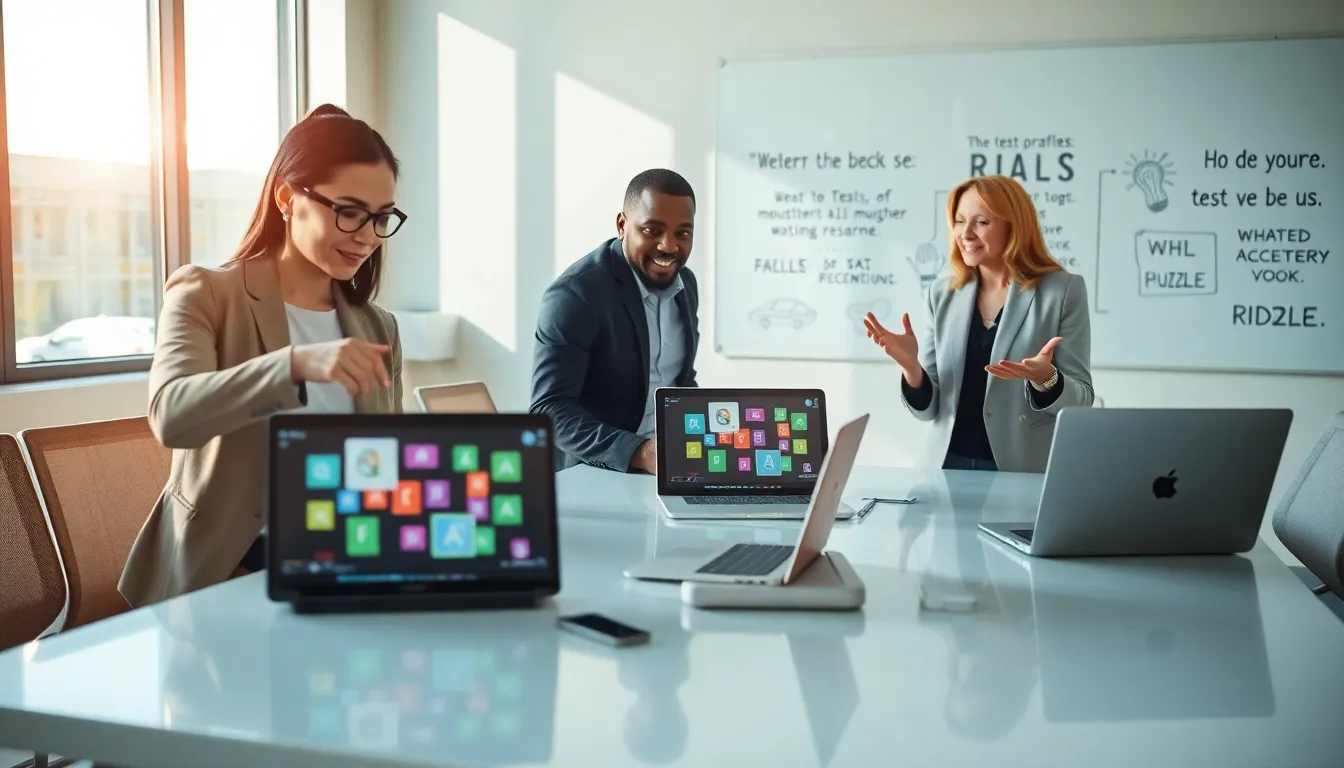 diverse team collaborating on AI-generated riddles in a modern office.