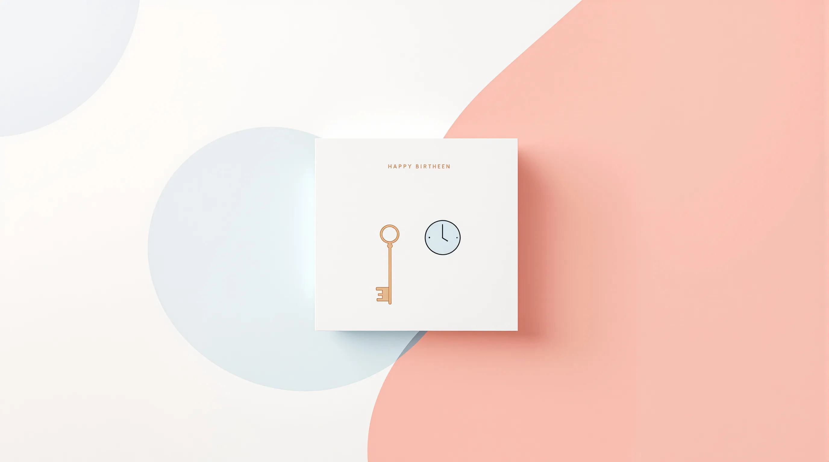 Minimalist birthday card with icons of a key, clock, and smile on white background.