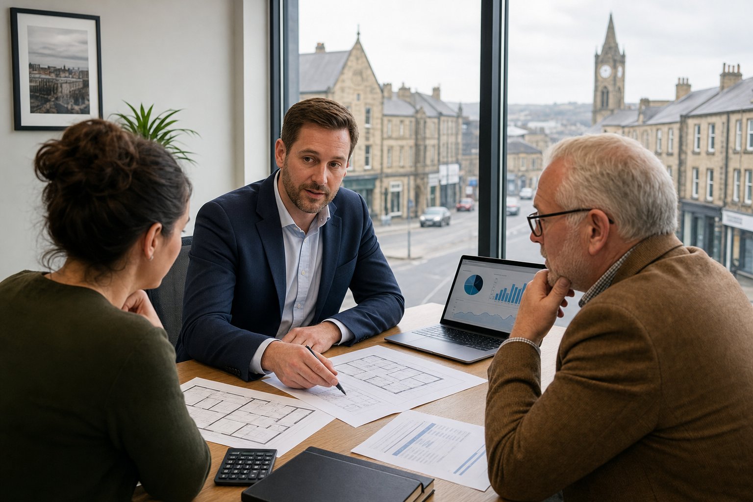 Commercial Mortgage Broker Burnley for Commercial Property Finance 17 Commercial mortgage broker meeting with clients in a modern office, reviewing property plans and finance documents with a subtle Burnley town view outside.