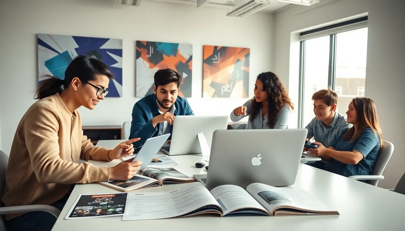 diverse professionals collaborating in a modern gaming workspace.